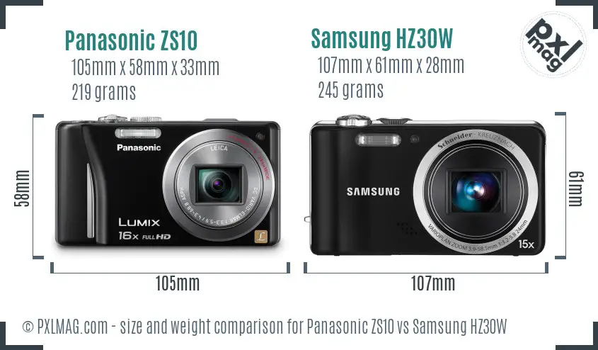 Panasonic ZS10 vs Samsung HZ30W size comparison