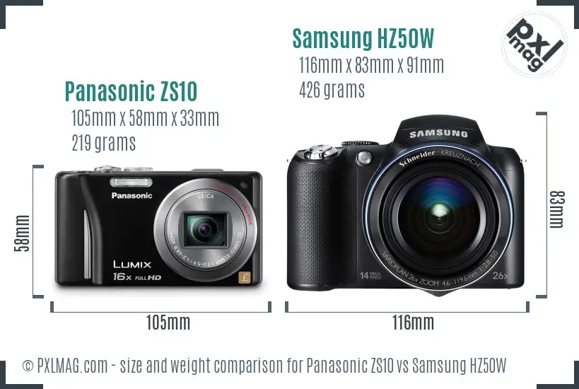 Panasonic ZS10 vs Samsung HZ50W size comparison