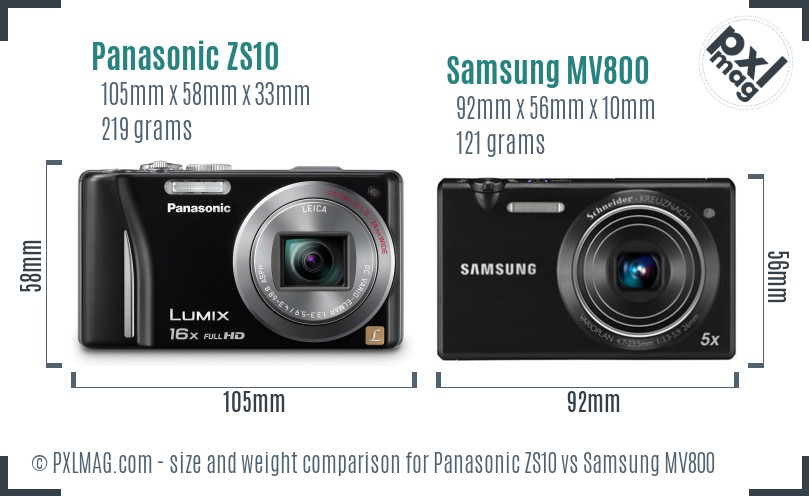 Panasonic ZS10 vs Samsung MV800 size comparison