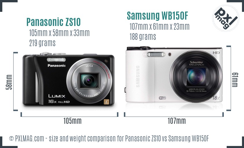 Panasonic ZS10 vs Samsung WB150F size comparison