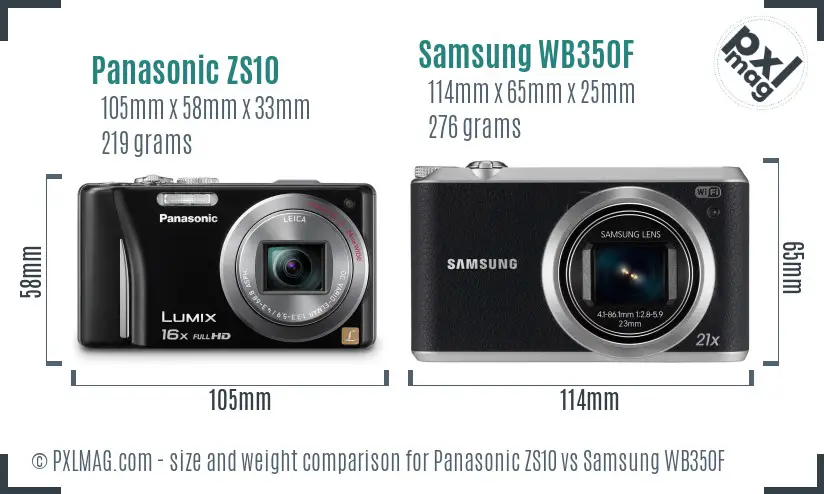 Panasonic ZS10 vs Samsung WB350F size comparison