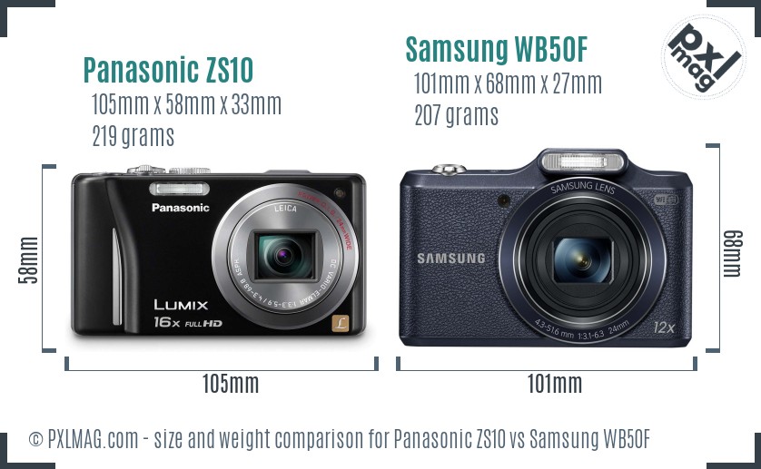 Panasonic ZS10 vs Samsung WB50F size comparison
