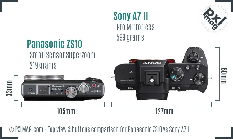 Panasonic ZS10 vs Sony A7 II top view buttons comparison