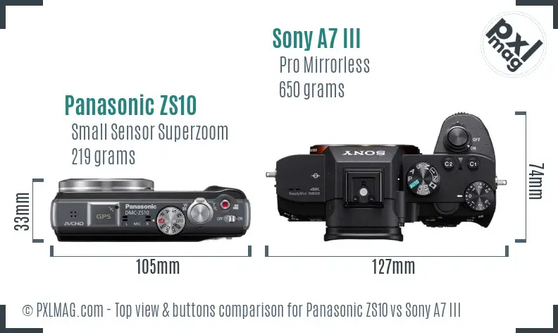 Panasonic ZS10 vs Sony A7 III top view buttons comparison Panasonic ZS10 vs Sony A7 III top view buttons comparison