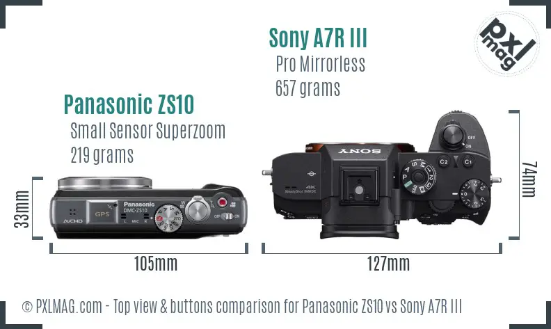 Panasonic ZS10 vs Sony A7R III top view buttons comparison