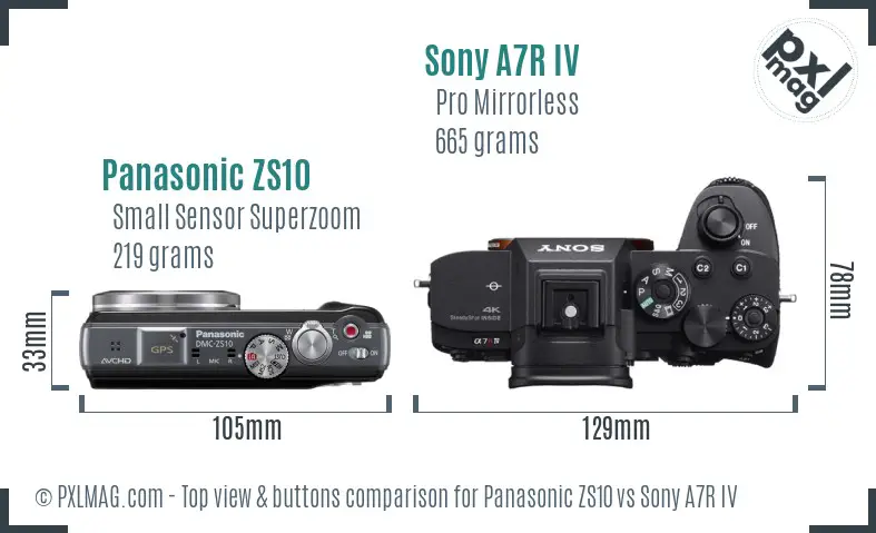 Panasonic ZS10 vs Sony A7R IV top view buttons comparison Panasonic ZS10 vs Sony A7R IV top view buttons comparison