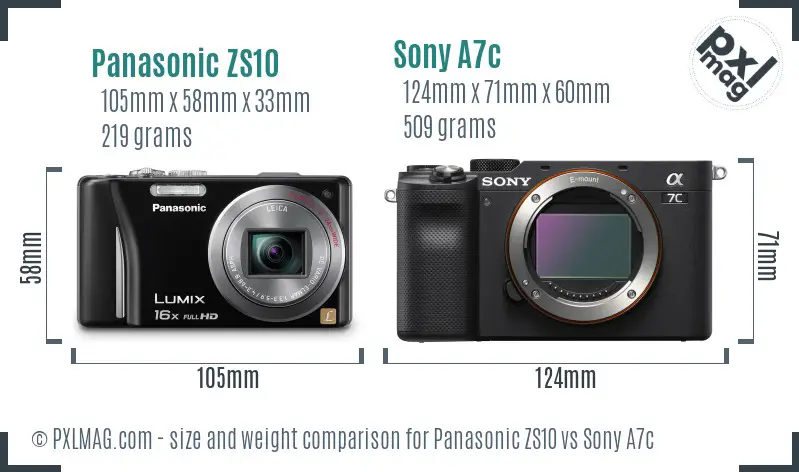 Panasonic ZS10 vs Sony A7c size comparison