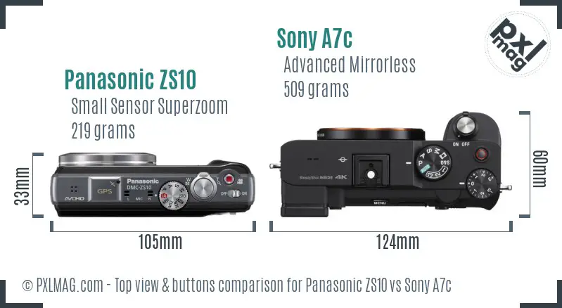 Panasonic ZS10 vs Sony A7c top view buttons comparison