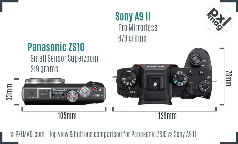 Panasonic ZS10 vs Sony A9 II top view buttons comparison