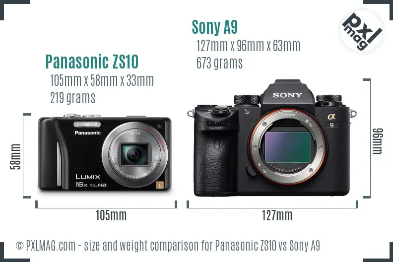 Panasonic ZS10 vs Sony A9 size comparison