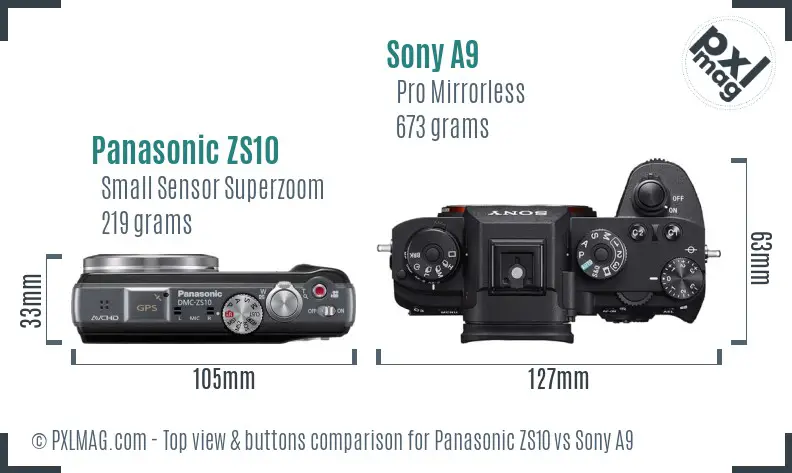 Panasonic ZS10 vs Sony A9 top view buttons comparison