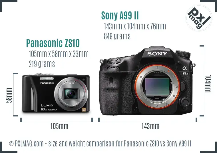 Panasonic ZS10 vs Sony A99 II size comparison