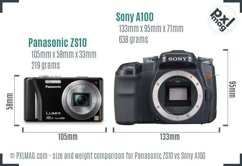 Panasonic ZS10 vs Sony A100 size comparison Panasonic ZS10 vs Sony A100 size comparison