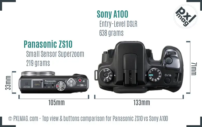 Panasonic ZS10 vs Sony A100 top view buttons comparison Panasonic ZS10 vs Sony A100 top view buttons comparison
