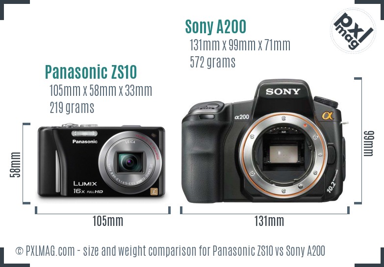 Panasonic ZS10 vs Sony A200 size comparison Panasonic ZS10 vs Sony A200 size comparison