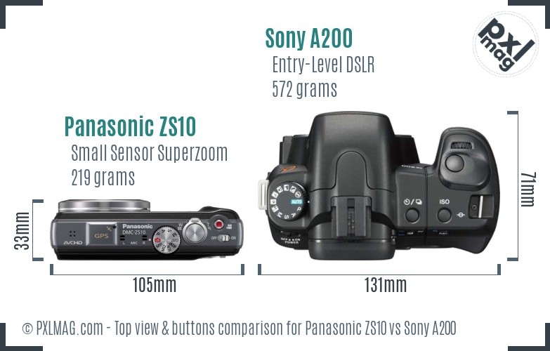 Panasonic ZS10 vs Sony A200 top view buttons comparison