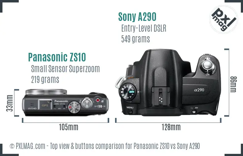 Panasonic ZS10 vs Sony A290 top view buttons comparison Panasonic ZS10 vs Sony A290 top view buttons comparison