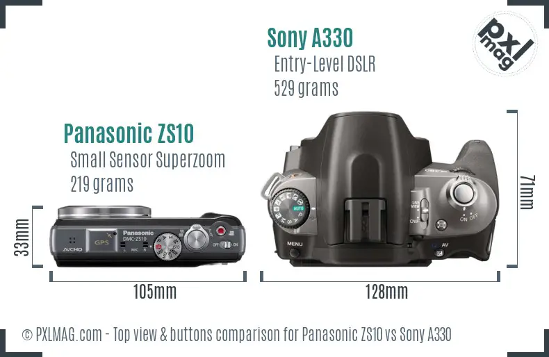 Panasonic ZS10 vs Sony A330 top view buttons comparison Panasonic ZS10 vs Sony A330 top view buttons comparison