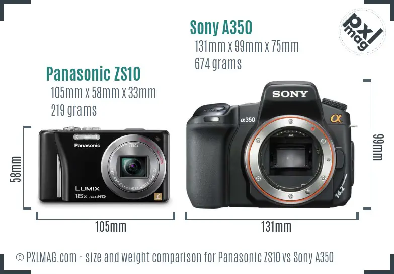 Panasonic ZS10 vs Sony A350 size comparison