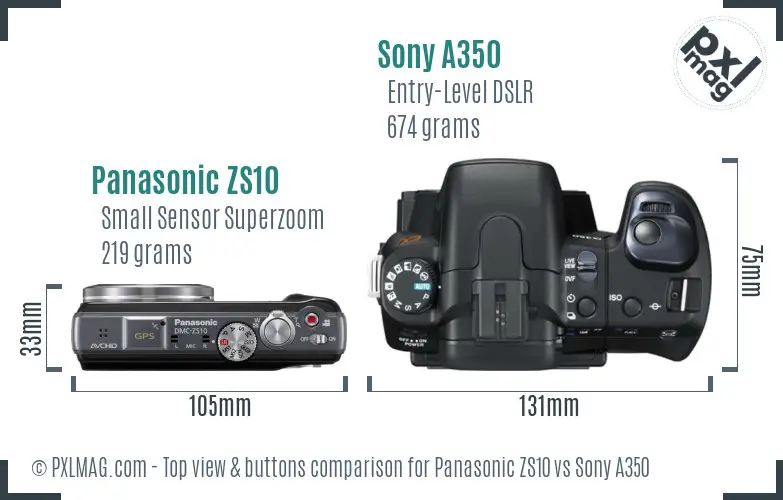 Panasonic ZS10 vs Sony A350 top view buttons comparison