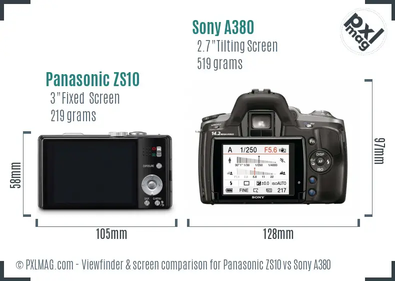 Panasonic ZS10 vs Sony A380 Screen and Viewfinder comparison