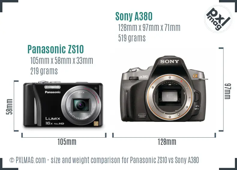 Panasonic ZS10 vs Sony A380 size comparison