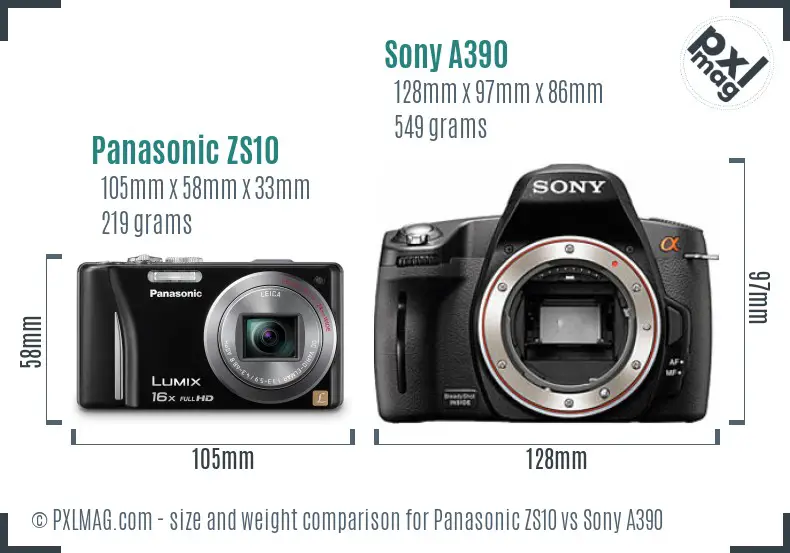 Panasonic ZS10 vs Sony A390 size comparison