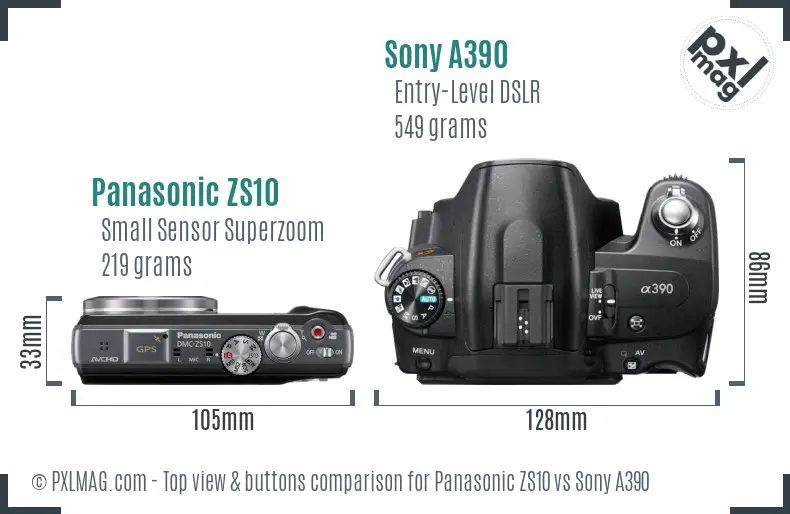 Panasonic ZS10 vs Sony A390 top view buttons comparison