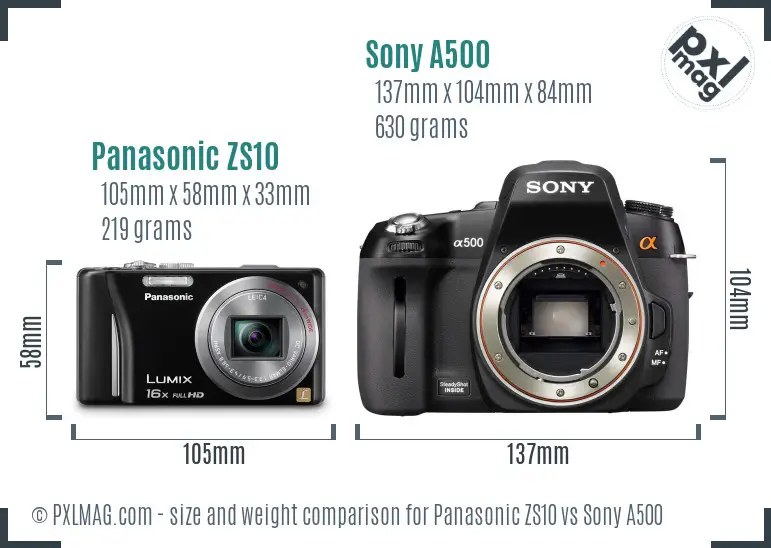 Panasonic ZS10 vs Sony A500 size comparison Panasonic ZS10 vs Sony A500 size comparison