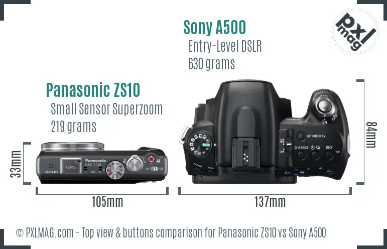 Panasonic ZS10 vs Sony A500 top view buttons comparison Panasonic ZS10 vs Sony A500 top view buttons comparison
