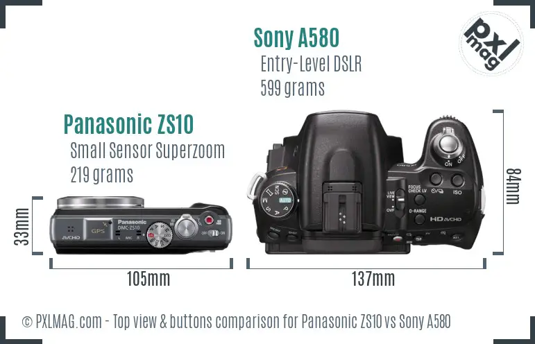 Panasonic ZS10 vs Sony A580 top view buttons comparison Panasonic ZS10 vs Sony A580 top view buttons comparison