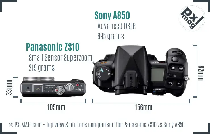 Panasonic ZS10 vs Sony A850 top view buttons comparison Panasonic ZS10 vs Sony A850 top view buttons comparison