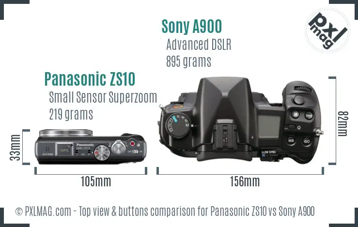 Panasonic ZS10 vs Sony A900 top view buttons comparison