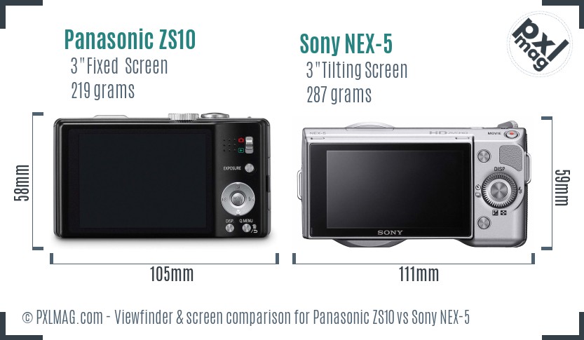 Panasonic ZS10 vs Sony NEX-5 Screen and Viewfinder comparison