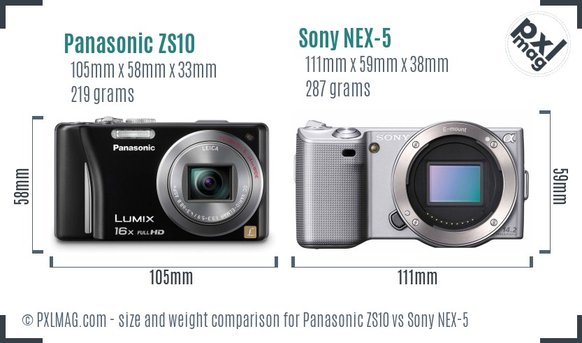 Panasonic ZS10 vs Sony NEX-5 size comparison