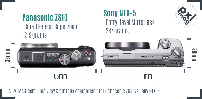 Panasonic ZS10 vs Sony NEX-5 top view buttons comparison