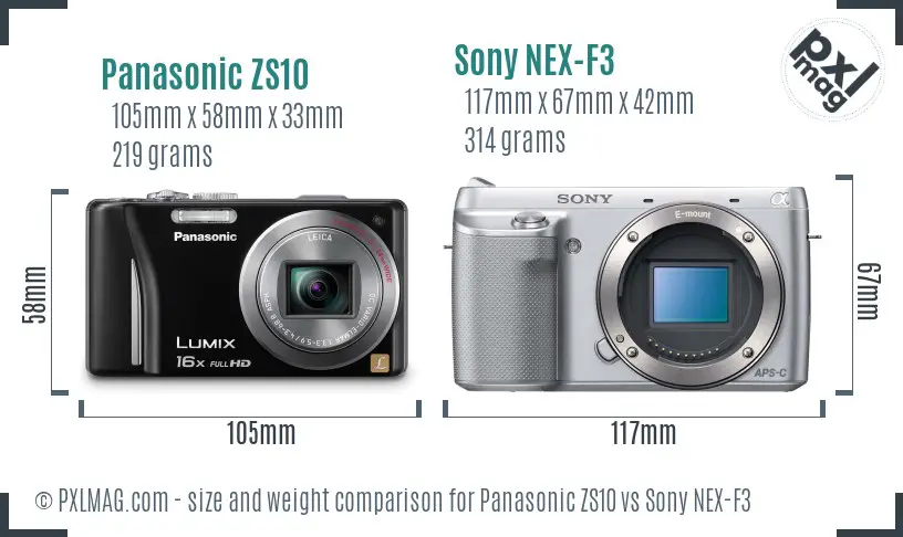 Panasonic ZS10 vs Sony NEX-F3 size comparison