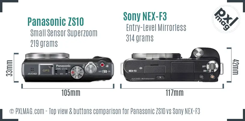 Panasonic ZS10 vs Sony NEX-F3 top view buttons comparison