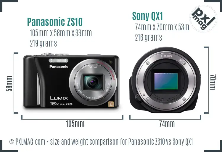 Panasonic ZS10 vs Sony QX1 size comparison