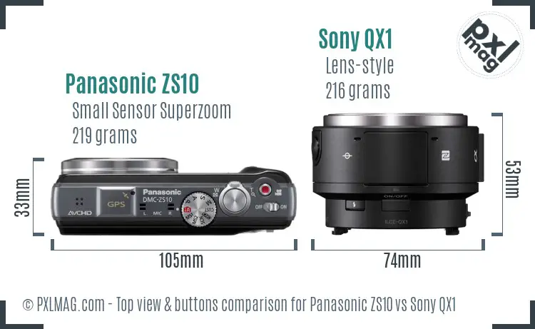 Panasonic ZS10 vs Sony QX1 top view buttons comparison