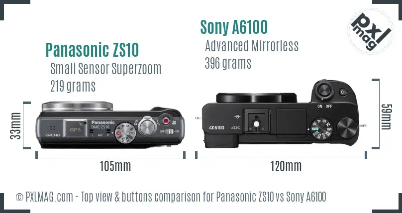 Panasonic ZS10 vs Sony A6100 top view buttons comparison