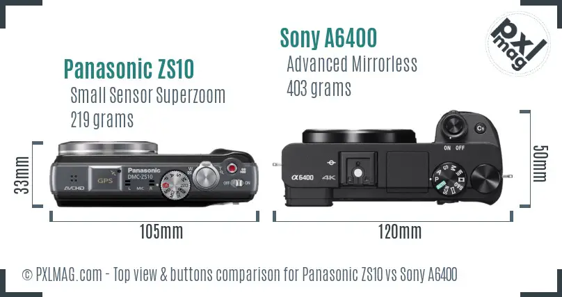Panasonic ZS10 vs Sony A6400 top view buttons comparison