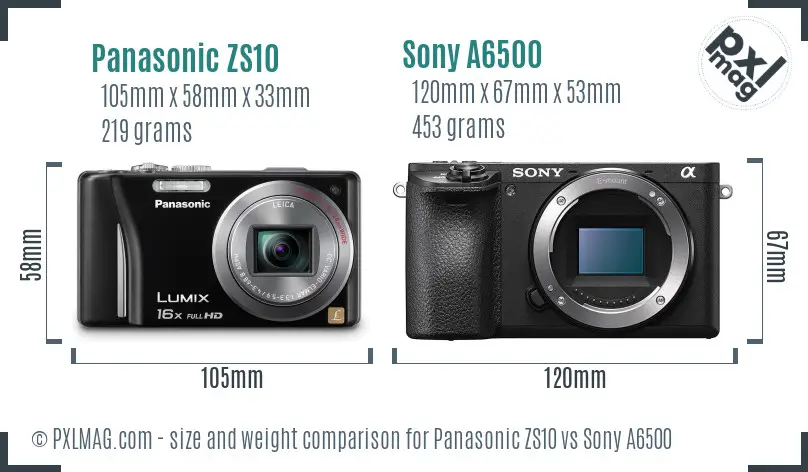 Panasonic ZS10 vs Sony A6500 size comparison