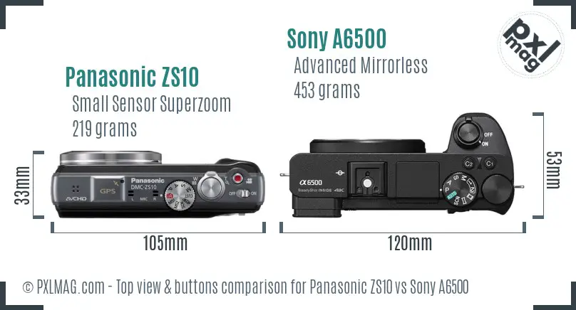 Panasonic ZS10 vs Sony A6500 top view buttons comparison