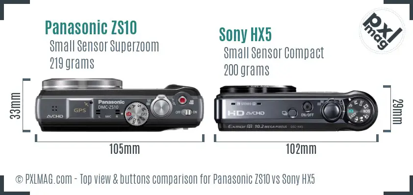 Panasonic ZS10 vs Sony HX5 top view buttons comparison