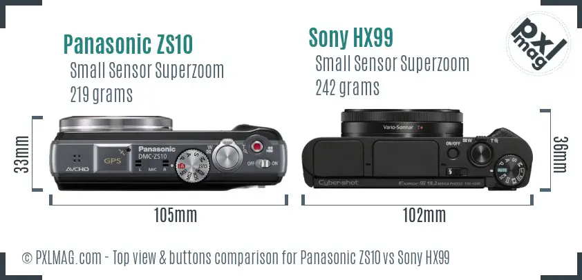 Panasonic ZS10 vs Sony HX99 top view buttons comparison