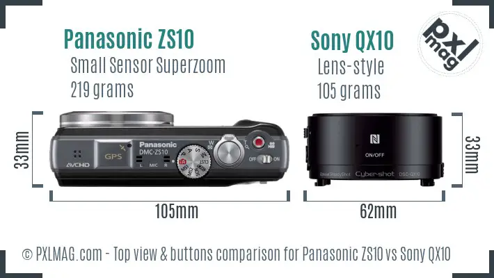 Panasonic ZS10 vs Sony QX10 top view buttons comparison