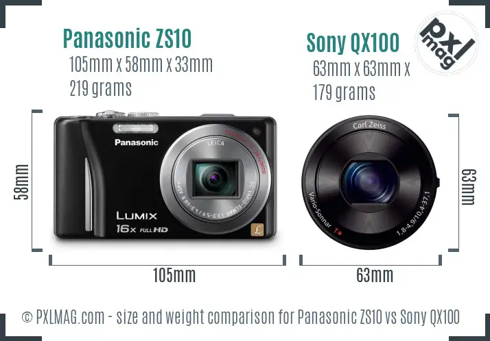 Panasonic ZS10 vs Sony QX100 size comparison