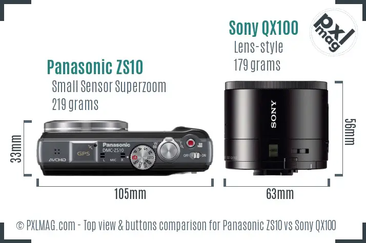 Panasonic ZS10 vs Sony QX100 top view buttons comparison