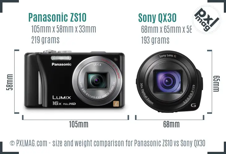 Panasonic ZS10 vs Sony QX30 size comparison